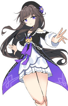 1girl beret black_hat black_jacket blunt_bangs brown_hair chain closed_mouth commentary_request cowboy_shot doll_joints dress e.o. floating_hair flower hands_up hat hat_flower hat_ornament herta_(honkai:_star_rail) herta_(puppet)_(honkai:_star_rail) highres honkai:_star_rail honkai_(series) jacket joints keyhole long_hair long_sleeves looking_at_viewer purple_eyes purple_flower purple_jacket sailor_collar sidelocks simple_background solo standing two-sided_fabric two-sided_jacket wavy_hair white_background white_dress wide_sleeves