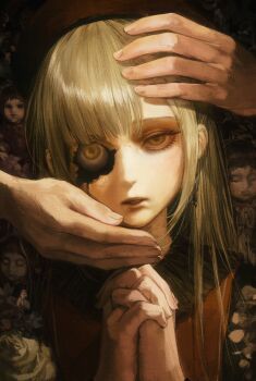 Rule 34 | 1girl, 2others, bang dream!, bang dream! it's mygo!!!!!, beret, commentary, cracked skin, eyeball, green hair, hat, highres, interlocked fingers, long hair, looking at viewer, mortis (bang dream!), mortis (costume) (bang dream!), multiple others, own hands together, parted lips, red hat, seapall, wakaba mutsumi, yellow eyes