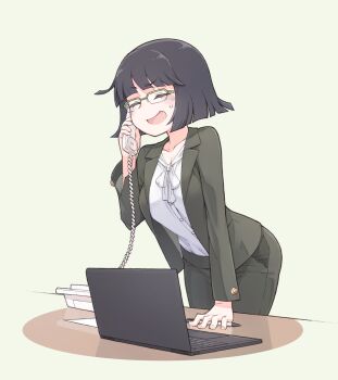 1girl alternate_costume arm_support black_hair blunt_bangs blunt_ends bob_cut breasts cleavage closed_eyes commentary_request computer corded_phone dress_pants dress_shirt formal_clothes glasses green_jacket green_pants highres holding holding_phone jacket kyoumachi_seika laptop large_breasts leaning_forward leaning_on_table mochi_(mochi444420) nervous_smile open_clothes open_jacket open_mouth pant_suit pants pen phone raised_eyebrow reflective_table shirt shirt_tucked_in simple_background smile solo suit suit_jacket sweatdrop talking_on_phone teacher voiceroid white_shirt