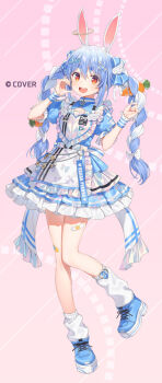 1girl :d animal_ear_fluff animal_ears apron back_bow blue_dress blue_hair blue_shoes bow braid carrot_hair_ornament commentary_request copyright_name dress extra_ears food-themed_hair_ornament frilled_apron frilled_dress frills full_body hair_ornament half-heart_hands hands_up highres hikimayu hololive layered_dress long_hair looking_at_viewer loose_socks multicolored_hair official_art open_mouth orange_eyes puffy_short_sleeves puffy_sleeves rabbit-shaped_pupils rabbit_ears rabbit_girl shoes short_eyebrows short_sleeves smile sneakers socks symbol-shaped_pupils thick_eyebrows twin_braids two-tone_hair usada_pekora virtual_youtuber white_apron white_hair white_socks wrist_cuffs yuuki_hagure