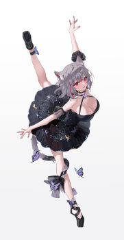 1girl 3wata_ame3 animal_ear_fluff animal_ears ballet_slippers black_dress breasts bug butterfly cat_ears cat_girl cat_tail center-flap_bangs cleavage double-parted_bangs dress full_body grey_hair hashtag-only_commentary highres insect large_breasts leg_up looking_at_viewer multicolored_hair neneko_mashiro outstretched_arms parted_lips red_eyes short_hair simple_background sleeveless sleeveless_dress solo spread_arms standing standing_on_one_leg stellula_eques streaked_hair tail virtual_youtuber white_background