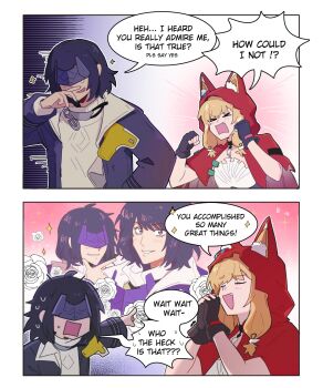 Rule 34 | > <, 2girls, animal ear fluff, animal ears, arknights, arknights: endfield, black coat, black gloves, black hair, black mask, blonde hair, capelet, coat, commentary, endministrator (arknights), english commentary, female endministrator (arknights), fingerless gloves, flower, gloves, highres, hood, hood up, hooded capelet, imagining, multiple girls, netoii, open clothes, open coat, open mouth, own hands clasped, own hands together, pointing, red capelet, rose, rossi (arknights), sparkle, white flower, white rose, wolf ears, wolf girl