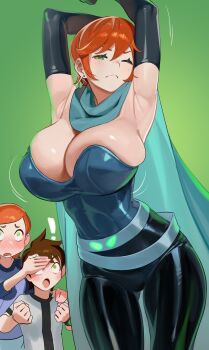 ! 1boy 2girls absurdres aged_up animification armpits arms_up belt ben_10 ben_tennyson black_pants blush breasts cape cleavage covering_another&#039;s_eyes dual_persona elbow_gloves future_gwen gloves green_eyes gwen_tennyson hair_between_eyes highres jewelry large_breasts latex latex_gloves leggings looking_at_viewer multiple_girls nia_(nia4294) one_eye_closed pants red_hair shiny_clothes short_hair simple_background tight_clothes tight_pants