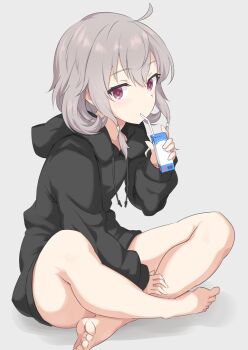 1girl ahoge bare_legs barefoot black_hoodie commentary_request drink drink_carton drinking_straw feet full_body grey_hair hair_between_eyes holding holding_drink hood hood_down hoodie indian_style long_sleeves looking_at_viewer milk_carton pera purple_eyes shichinosato_kofuki short_hair simple_background sitting solo toji_no_miko white_background