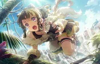 Rule 34 | 1girl, black boots, black choker, black skirt, black tank top, boots, braid, braided sidelocks, choker, claw pose, collarbone, cone hair bun, double bun, elbow gloves, fake tail, fingerless gloves, fur-trimmed gloves, fur trim, game cg, gloves, hair bun, highres, kachimachi kosuzu, layered skirt, link! like! love live!, love live!, miniskirt, non-web source, official art, open mouth, outdoors, pink eyes, reboot (love live!), self-datamine, side braids, skirt, solo, tail, tank top, teeth, upper teeth only, virtual youtuber, wolf tail, yellow skirt