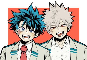 bakugou_katsuki blonde_hair boku_no_hero_academia border collared_shirt commentary_request double-parted_bangs facial_scar freckles green_eyes green_hair hair_between_eyes jacket lapels looking_at_viewer midoriya_izuku necktie notched_lapels open_collar open_mouth orange_eyes outside_border red_necktie scar scar_on_cheek scar_on_face school_uniform shirt short_hair smile teeth tongue uneven_eyes upper_body use_zeinuki white_border white_shirt wing_collar