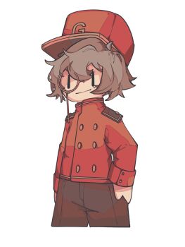 Rule 34 | 1boy, animification, black pants, brown hair, buttons, chinese commentary, coat, commentary request, cropped legs, deformed, double-breasted, grian (conductor) (hermitcraft), grian (youtuber), hair between eyes, hand on own hip, hat, hermitcraft, highres, long sleeves, male focus, minecraft youtube, monocle, pants, red coat, red hat, short hair, shoulder boards, simple background, smile, solo, train conductor, white background, yueshangmaowa, | |