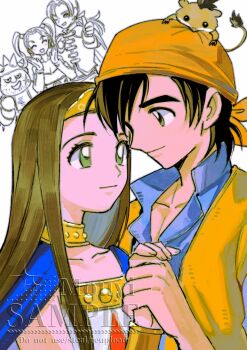 2girls 3boys bandana black_hair blue_cloak blue_shirt brown_eyes brown_hair cloak closed_eyes closed_mouth collared_shirt couple cross_scar dragon_quest dragon_quest_viii dress facial_hair facial_scar green_eyes hamster hamster_on_head hero_(dq8) hetero highres holding_hands jessica_albert kukuru_(dq8) light_blush light_smile long_hair low_ponytail medea_(dq8) mouyi multiple_boys multiple_girls munchie_(dq8) open_mouth orange_bandana orange_vest ponytail scar scar_on_cheek scar_on_face shirt short_hair smile spiked_helmet stubble tiara twintails upper_body vest white_dress yangus