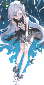 1girl absurdres aeloria_(stella_sora) armpit_crease bare_shoulders black_feathers bodypaint breasts breasts_apart cleavage_cutout clothing_cutout commentary demon_horns dress feather_dress feathers feet green_eyes hair_between_eyes highres horns long_hair looking_at_viewer open_mouth pointy_ears sandals sb_lama sky sleeveless sleeveless_dress small_breasts smile solo star_(sky) starry_sky stella_sora thick_eyelashes toes tsurime v-shaped_eyebrows very_long_hair white_hair