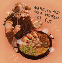 Rule 34 | 1boy, beard, blush, bowl, brown hair, cabbage, chopsticks, dungeon meshi, dwarf, english text, facial hair, fake horns, food focus, from above, full body, helmet, highres, holding, holding bowl, holding chopsticks, horned helmet, horns, hungry, long beard, looking ahead, male focus, mustache, saltedchikin, senshi (dungeon meshi), sitting, solo, sparkle, thick mustache, very long beard, wok