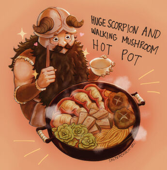 1boy beard blush bowl brown_hair cabbage chopsticks dungeon_meshi dwarf english_text facial_hair fake_horns food_focus from_above full_body helmet highres holding holding_bowl holding_chopsticks horned_helmet horns hungry long_beard looking_ahead male_focus mustache saltedchikin senshi_(dungeon_meshi) sitting solo sparkle thick_mustache very_long_beard wok