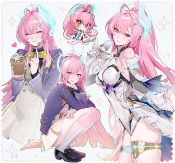 Rule 34 | 1girl, :t, ^ ^, absurdres, aemeath (wuthering waves), ahoge, alternate costume, bare shoulders, black shoes, bow, bowtie, breasts, chibi, cleavage, closed eyes, closed mouth, commentary, eating, elbow gloves, english commentary, from side, full body, gloves, grey skirt, hair between eyes, hand up, highres, holding, holding microphone, holding spoon, jacket, kneehighs, lavelis, leaning forward, leotard, long hair, long sleeves, looking at viewer, medium breasts, microphone, multiple views, pink hair, purple jacket, shoes, skirt, smile, socks, spoon, squatting, star-shaped pupils, star (symbol), strapless, strapless leotard, symbol-shaped pupils, tacet mark (wuthering waves), thigh strap, very long hair, white gloves, white leotard, white socks, wuthering waves, yellow bow, yellow bowtie, yellow eyes