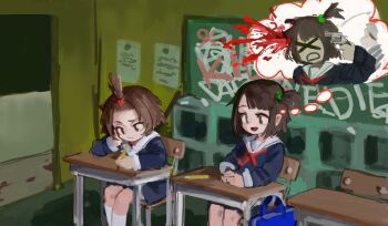 >_< 2girls afterimage blood blood_spray blue_shirt blue_skirt brown_eyes brown_hair chair chalkboard classroom closed_mouth desk doorway frown furrowed_brow gun gun_to_head handgun holding holding_gun holding_pencil holding_weapon imagining indoors long_sleeves multiple_girls neck_ribbon on_chair one_side_up open_mouth oreoppi original own_hands_together pencil raised_eyebrow red_ribbon revolver ribbon sailor_collar school_chair school_desk school_uniform serafuku shirt short_hair sitting skirt smile speech_bubble suicide thought_bubble topknot weapon white_sailor_collar wide_shot