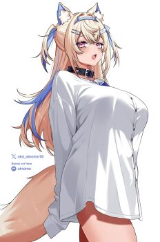 1girl animal_ear_fluff animal_ears arms_behind_back bandaid bandaid_hair_ornament black_collar blonde_hair blue_hair breasts collar commentary dog_ears dog_girl dog_tail fuwawa_abyssgard hair_ornament hairclip hashtag-only_commentary highres hololive hololive_english large_breasts looking_at_viewer multicolored_hair naked_shirt oioi_ainomo open_mouth patreon_logo patreon_username pink_eyes shirt simple_background solo spiked_collar spikes symbol-only_commentary tail thighs twitter_username twitter_x_logo two-tone_hair two_side_up virtual_youtuber white_background white_shirt