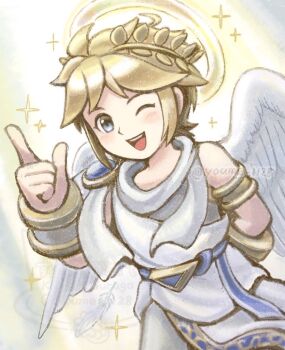 Rule 34 | 1boy, ;d, angel, angel wings, arm behind back, armlet, belt, blonde hair, blue belt, blue eyes, bracer, commentary request, cowboy shot, feathered wings, feathers, gold armlet, greco-roman clothes, halo, jewelry, kid icarus, kid icarus uprising, laurel crown, male focus, nintendo, official alternate color, one eye closed, open mouth, pale skin, pit (kid icarus), scarf, short hair, sidelocks, smile, solo, sparkle, suruga kanade, twitter username, watermark, white feathers, white scarf, white wings, wings