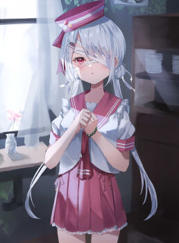 1girl absurdres arched_back bandage_over_one_eye bandaged_head bandages braid breasts chuunibyou commentary_request cowboy_shot double_bun frilled_sailor_collar frills grey_hair hair_bun hair_ornament hair_over_one_eye hairclip hat high-waist_skirt highres indoors large_breasts long_hair miniskirt nijisanji official_alternate_costume official_alternate_hairstyle pink_hat pink_sailor_collar pink_skirt pleated_skirt red_eyes sailor_collar sailor_hat school_uniform serafuku shiina_yuika shiina_yuika_(7th_costume) shirt short_shorts shorts side_braid skirt solo sutei_(arece15) tilted_headwear twintails_with_hair_base virtual_youtuber white_shirt