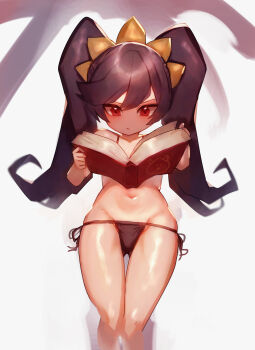 1girl absurdres ashley_(warioware) bikini black_hair book closed_mouth commentary cropped_legs groin hair_between_eyes highres hip_bones holding holding_book long_hair looking_down navel nintendo on_ground parted_bangs reading red_eyes shiburingaru side-tie_bikini_bottom sidelocks simple_background solo swimsuit twintails warioware white_background