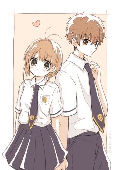 Rule 34 | 1boy, 1girl, black necktie, black pants, black skirt, border, brown background, brown eyes, brown hair, cardcaptor sakura, closed mouth, collared shirt, commentary request, cowboy shot, green eyes, hand up, heart, highres, holding hands, kinomoto sakura, li syaoran, looking at viewer, mizu 0401, necktie, outside border, pants, pleated skirt, shirt, short hair, short sleeves, simple background, skirt, smile, twitter username, white border, white shirt