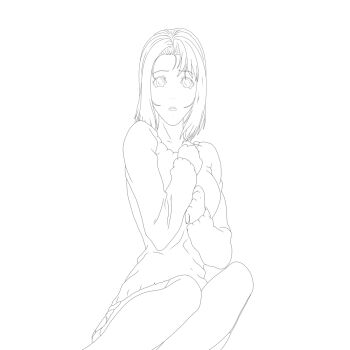 1girl bible_black bible_black_gaiden breasts highres kitami_reika large_breasts line_art on_ground short_hair