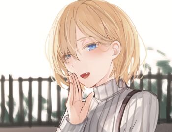 1boy against_railing androgynous blonde-haired_boy_(sunaba_(nczd5875)) blonde_hair blue_eyes blush commentary_request fang hair_between_eyes hair_over_one_eye hand_to_own_mouth long_sleeves looking_at_viewer male_focus medium_hair open_mouth original outdoors portrait railing ribbed_sweater sketch_background smile solo sunaba_(nczd5875) sweater tongue turtleneck turtleneck_sweater