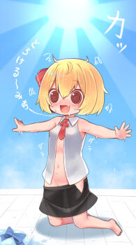 1girl :d @_@ absurdres barefoot black_skirt blonde_hair blue_bow blue_sky blush bow breasts cirno collared_shirt commentary_request fang full_body harunoha highres hot kneeling melting navel necktie no_panties open_mouth outstretched_arms puddle red_eyes red_necktie rumia shirt short_hair skirt sky sleeveless sleeveless_shirt small_breasts smile solo spread_arms steam sun sweat touhou translation_request very_sweaty water white_shirt
