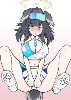 1girl absurdres animal_ears black_hair blue_archive blush breasts cheerleader commentary_request covering_crotch covering_privates dog_ears dog_girl dog_tail goggles goggles_on_head halo hibiki_(blue_archive) hibiki_(cheer_squad)_(blue_archive) highres long_hair looking_at_viewer millennium_cheerleader_outfit_(blue_archive) navel official_alternate_costume panties prolacique shoes skirt skirt_tug solo sticker_on_arm tail underwear white_panties white_shoes yellow_halo