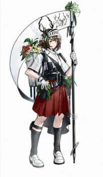 Rule 34 | 1girl, absurdres, brown flower, brown rose, commentary request, flag, flower, full body, gloves, grey background, grey socks, hand up, highres, holding, holding flag, lonelysound, original, pleated skirt, red flower, red rose, red skirt, ribbed socks, rose, shirt, shoes, short sleeves, simple background, skirt, socks, solo, standing, white flag, white flower, white gloves, white rose, white shirt, white shoes, yellow flower, yellow rose