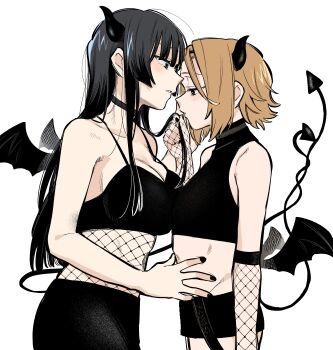 2girls absurdres akiyama_mio black_hair black_nails black_skirt black_tank_top breasts brown_hair commentary_request crop_top demon_girl demon_horns demon_tail fishnet_top fishnets hand_on_another's_waist highres horns k-on! long_hair looking_at_another multiple_girls parted_lips short_hair simple_background skirt suzuo_(zuo) tail tainaka_ritsu tank_top white_background yuri