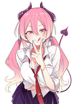 1girl :q absurdres arms_under_breasts black_skirt blonde_hair blue_nails blue_scrunchie blush bracelet breast_pocket breasts cleavage commentary_request condom condom_in_pocket condom_wrapper demon_girl demon_horns demon_tail ear_piercing earrings gradient_hair hair_between_eyes hair_ornament hair_scrunchie heart heart_in_eye highres horns jewelry large_breasts long_hair looking_at_viewer low_twintails multicolored_hair nail_polish necktie original piercing pink_eyes pink_hair pleated_skirt pocket red_necktie scrunchie shashadog18 shirt simple_background skirt sleeves_rolled_up smile solo stud_earrings symbol_in_eye tail tongue tongue_out twintails untucked_shirt v v_over_mouth very_long_hair white_background wing_collar
