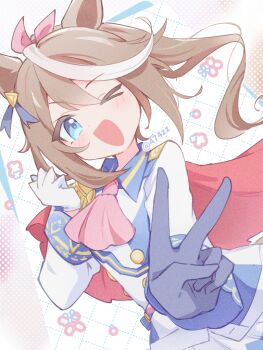 >_o 1girl animal_ears anzen_robo_(474zz) ascot asymmetrical_gloves blue_eyes blush brown_hair buttons cape commentary_request double-breasted epaulettes gloves hair_between_eyes high_ponytail horse_ears horse_girl horse_tail jacket long_hair long_sleeves looking_at_viewer mismatched_gloves multicolored_hair multicolored_jacket one_eye_closed open_mouth pink_ascot ponytail red_cape single_epaulette skirt smile solo streaked_hair tail tokai_teio_(peak_joy)_(umamusume) tokai_teio_(umamusume) two-tone_hair two-tone_jacket two-tone_skirt umamusume v white_gloves white_hair white_jacket white_skirt