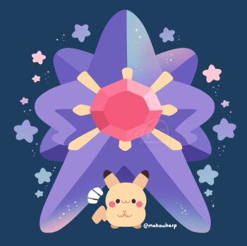 :3 chibi closed_mouth colored_skin full_body gem gen_1_pokemon long_legs looking_at_viewer mahoukarp mega_pokemon mega_starmie nintendo no_humans pikachi pokemon pokemon_(creature) pokemon_focus pokemon_legends:_z-a purple_skin red_gemstone smile star_(symbol) starfish starmie