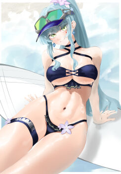 1girl absurdres bikini blue_hair blush breasts cleavage closed_mouth commentary cross cross_earrings earrings english_commentary eyewear_on_headwear facial_mark girls'_frontline girls'_frontline_2:_exilium green_eyes head_tilt hhaelyang highres hk416_(girls'_frontline) jewelry klukai_(cerulean_breaker)_(girls'_frontline_2) klukai_(girls'_frontline_2) large_breasts long_hair looking_at_viewer navel official_alternate_costume ponytail sidelocks smile solo sunglasses surfboard swimsuit tattoo teardrop_facial_mark teardrop_tattoo thigh_strap underboob underbust visor_cap
