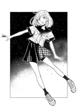 1girl :d full_body greyscale hashtag-only_commentary highres idolmaster idolmaster_shiny_colors ka3ann medium_hair monochrome neckerchief open_mouth outside_border plaid_clothes plaid_skirt pleated_skirt sailor_collar school_uniform serafuku serizawa_asahi shirt shoes short_sleeves skirt smile sneakers socks solo star_(sky) starry_sky_background