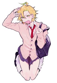 // 1boy :d ahoge arm_up asymmetrical_bangs bag bare_shoulders blonde_hair blush cardigan collared_shirt crossdressing crossdressing_(mtf) curtained_hair earrings fang full_body green_eyes hair_behind_ear hair_between_eyes hand_on_own_head highres holding holding_bag hypnosis_mic izanami_hifumi jewelry loafers looking_to_the_side loose_socks male_focus miniskirt multicolored_hair narrowed_eyes necklace necktie open_mouth parted_bangs partially_unbuttoned pink_cardigan pinky_ring pleated_skirt red_necktie school_bag school_uniform shirt shoes short_hair simple_background skirt smile socks solo streaked_hair thigh_gap uchi_fxxk v-shaped_eyebrows white_background
