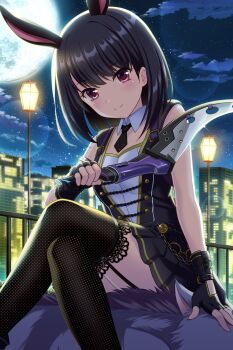 1girl absurdres alternative_girls animal_ears black_gloves black_hair black_legwear black_necktie black_skirt building choker city city_lights closed_mouth fingerless_gloves full_moon gloves highres holding holding_weapon looking_at_viewer moon necktie night night_sky official_art onitsuka_chiho rabbit_ears red_eyes short_hair skirt sky smile solo star_(sky) starry_sky weapon