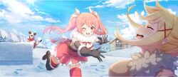 +_+ 3girls ;3 black_boots black_gloves blonde_hair blue_sky blush boots bow breasts brown_hair building cleavage closed_eyes cloud cloudy_sky darkness_(konosuba) double-parted_bangs dress elbow_gloves erika_(konosuba) feather_boa game_cg gloves hair_bow hair_ornament highres holding holding_snowball kono_subarashii_sekai_ni_shukufuku_wo! konosuba!_fantastic_days large_breasts leaning_forward long_hair looking_at_viewer masochism megumin mittens mountain mountainous_horizon multiple_girls official_alternate_costume official_art one_eye_closed open_mouth outdoors pine_tree pink_dress pink_eyes pink_hair pink_thighhighs poncho short_dress short_hair sidelocks sky sleeveless sleeveless_dress smile snow snowball snowball_fight sparkle standing standing_on_one_leg sun sunlight thigh_boots thighhighs thighhighs_under_boots tree twintails very_long_hair wavy_mouth white_bow white_mittens white_poncho winter x_hair_ornament zettai_ryouiki