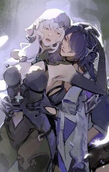 2girls acheron_(honkai:_star_rail) armor armpits artist_name bare_shoulders black_swan_(honkai:_star_rail) blue_hair cirqlr commentary couple dancing dated elbow_gloves english_commentary feathers gloves hair_between_eyes hair_ornament hair_over_one_eye hand_on_another's_head hands_on_another's_waist head_tilt highres honkai:_star_rail honkai_(series) hug hug_from_behind japanese_clothes leaning_back leaning_forward leaning_on_person long_hair long_sleeves looking_at_another looking_to_the_side multicolored_hair multiple_girls open_mouth pink_lips purple_eyes purple_hair purple_veil shade shoulder_armor streaked_hair upper_body veil wavy_hair wide_sleeves yuri