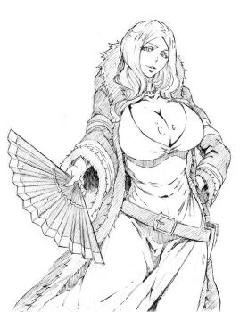 1girl belt breasts cleavage coat dress en&#039;en_no_shouboutai fur-trimmed_coat fur_trim hand_fan hibana_(enen_no_shouboutai) jewelry kubo_tite_(style) large_breasts medium_hair necklace rakusakugk solo