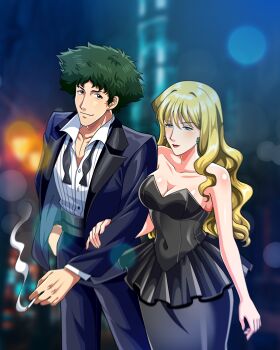 Rule 34 | blonde hair, blue eyes, brown eyes, cigarette, couple, cowboy bebop, curly hair, green hair, heyra, julia (cowboy bebop), spike spiegel