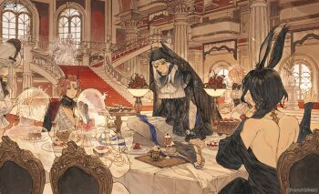 5girls absurdres animal_ears backless_outfit black_hair black_veil blue_ribbon breasts cake cleavage commission cup final_fantasy final_fantasy_xiv food highres horns indoors maid maid_headdress multiple_girls neofeli on_table pink_hair pudding purple_eyes red_eyes ribbon sitting spirit stairs statue table veil viera warrior_of_light_(ff14) white_hair window yokozuwari