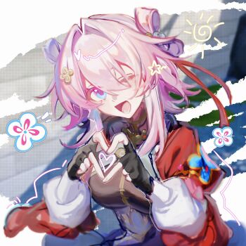 1girl absurdres black_gloves blue_eyes breasts commentary_request fingerless_gloves gloves hair_ornament heart heart_hands highres honkai:_star_rail honkai_(series) long_sleeves looking_at_viewer march_7th_(honkai:_star_rail) march_7th_(hunt)_(honkai:_star_rail) one_eye_closed open_mouth pink_hair procreate_(medium) seawave02974 shuangyaji smile solo