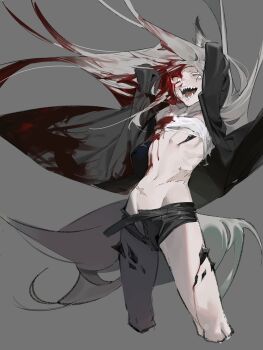 1girl absurdres alternate_breast_size_(smaller) amrkdrw animal_ear_fluff animal_ears arknights arms_behind_head arms_up bandeau bare_legs black_jacket black_shorts black_straps bleeding blood blood_from_forehead blood_in_hair blood_on_chest blood_on_clothes blood_on_face blood_on_leg bloody_tears crazy crazy_eyes crazy_smile cropped_legs eyelashes feet_out_of_frame flat_chest floating_clothes floating_hair from_side grey_background grey_hair grey_tail groin_tendon half-closed_eye highres injury jacket knees lappland_(arknights) leaning leaning_back legs long_hair long_sleeves looking_at_viewer looking_to_the_side material_growth messy_hair midriff multiple_scars navel nosebleed open_clothes open_fly open_jacket open_mouth open_shorts oripathy_lesion_(arknights) pale_skin ribs scar scar_across_eye scar_on_face scar_on_stomach shadow sharp_teeth short_shorts shorts simple_background single_bare_shoulder single_off_shoulder skinny smile solo standing stomach strap tail teeth thighs tongue torn_bandeau torn_clothes unbuttoned very_long_hair white_bandeau white_eyes wolf_ears wolf_girl wolf_tail