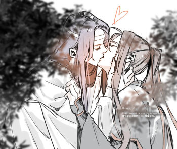 Rule 34 | 2boys, ahoge, bishounen, black hair, black hanfu, blurry, blurry foreground, brown hair, chinese clothes, closed eyes, clothes grab, commentary request, couple, french kiss, from side, hair ribbon, hand on another's face, hand on another's neck, hanfu, headband, heart, kiss, lan wangji, leaf, limited palette, long hair, long sleeves, male focus, modao zushi, multiple boys, pale color, ponytail, profile, red ribbon, ribbon, robe, sidelocks, sleeves past wrists, tree, twitter username, upper body, watermark, wei wuxian, white background, white hanfu, white headband, wide sleeves, yaoi, ykmr (haga)