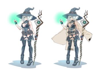 Rule 34 | 1girl, blue boots, blue eyes, blue gloves, blue hat, blue leotard, boots, breasts, closed mouth, coat, commentary, english commentary, fingerless gloves, full body, gloves, hand up, hat, highres, holding, holding staff, large breasts, leotard, mage staff, magic, mechanical legs, multiple views, original, pouch, see-through clothes, see-through coat, shadow, short hair, simple background, smile, staff, standing, studionice2011, swept bangs, white background, white hair, witch, witch hat