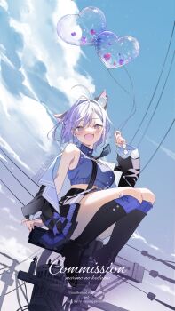 1girl animal_ear_fluff animal_ears ankle_boots ankle_socks balloon bare_shoulders black_boots black_jacket black_necktie black_skirt blue_eyes blue_hair blue_shirt blue_sky blue_socks boots breasts cable cloud cloudy_sky commentary_request commission crop_top cropped_shirt heart_balloon highres holding holding_balloon jacket long_sleeves looking_at_viewer marimo_ke medium_breasts midriff necktie off_shoulder open_mouth original shirt short_hair sitting skeb_commission skirt sky sleeveless sleeveless_shirt socks solo transmission_tower