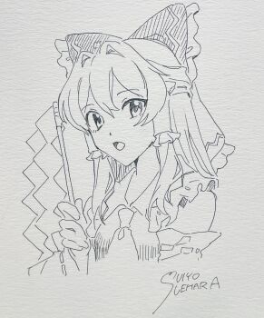 1girl absurdres ascot bow commentary_request detached_sleeves frilled_bow frilled_hair_tubes frills greyscale hair_bow hair_tubes hakurei_reimu highres long_hair looking_at_viewer monochrome open_mouth ribbon-trimmed_sleeves ribbon_trim signature solo touhou traditional_media uehara_suiyo