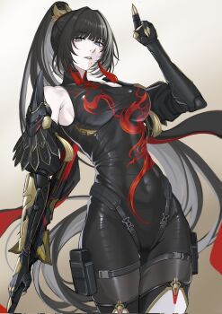 1girl arm_up armpit_crease belt_pouch black_dress black_hair breasts china_dress chinese_clothes clawed_hands collared_dress colored_inner_hair commentary cowboy_shot dress earrings eyeliner finger_gun gradient_background grey_hair grey_shirt hair_intakes highres holding holding_sword holding_weapon impossible_clothes impossible_dress jewelry legs_together long_hair looking_at_viewer makeup mechanical_arms medium_breasts mole mole_under_mouth multicolored_hair parted_lips ponytail pouch punishing:_gray_raven qu:_shukra_(sparragon&#039;s_triumph)_(pgr) qu_(pgr) red_eyeliner seilindekos shirt skin_tight skindentation sleeveless sleeveless_dress solo standing sword symbol-only_commentary very_long_hair weapon