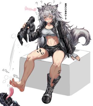 1boy 1girl absurdres animal_ears arknights barefoot blush boots cigaros doctor_(arknights) feet grey_eyes grey_hair highres lappland_(arknights) licking_foot long_hair open_mouth sharp_teeth shoes sitting soles steam tail teeth toes translated unworn_boots unworn_shoes
