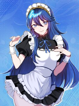 1girl alternate_costume apron black_dress blue_background blue_eyes blue_hair blush brand_of_the_exalt breasts closed_mouth commentary cowboy_shot dress fire_emblem fire_emblem_awakening gemzukinomunira hair_between_eyes hand_on_own_chest hands_up highres long_hair looking_at_viewer lucina_(fire_emblem) maid maid_apron maid_headdress medium_breasts nintendo outline puffy_short_sleeves puffy_sleeves short_sleeves smile solo symbol_in_eye thighs tiara very_long_hair white_outline wrist_cuffs