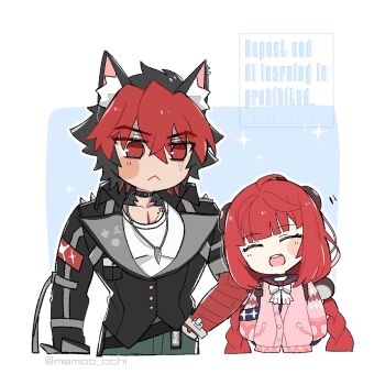 1boy 1girl :&lt; animal_ear_fluff animal_ear_piercing animal_ears bandaged_arm bandages black_hair black_jacket black_sailor_collar blue_background braid braided_twintails cardigan closed_eyes closed_mouth collar collarbone commentary_request dog_boy dog_ears green_pants hair_ornament hand_in_pocket head_tilt hearing_aid hetero highres jacket jewelry komano_manato long_hair memoo_cchi motion_lines multicolored_hair multiple_scars muscular muscular_male necklace no_pupils open_mouth pants pink_cardigan red_bandage red_eyes red_hair sailor_collar scar scar_across_eye scar_on_chest scar_on_face shirt short_hair sparkle sphere_hair_ornament spiked_jacket two-tone_background ukinami_yuzuha white_background white_shirt zenless_zone_zero